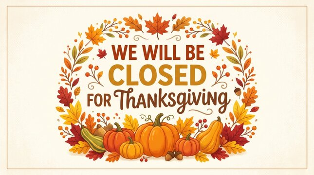 Thanksgiving closed sign vector illustration with autumn leaves and pumpkins wreath