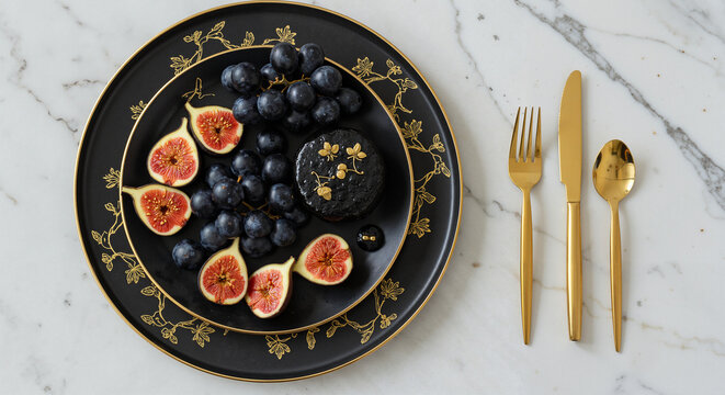 Fresh figs and blueberries arranged on a black plate with gold accents  