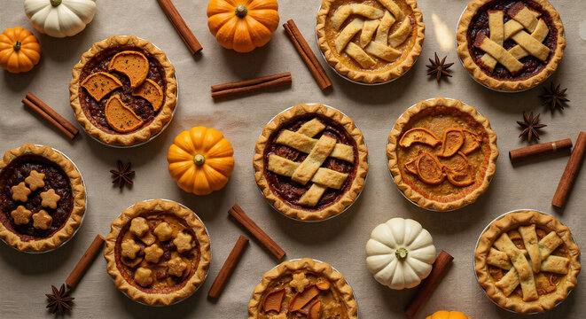 Assorted pumpkin pies with cinnamon and decorative toppings on table  