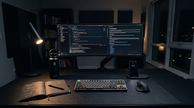 Late night software development workspace with code on ultrawide monitor and desk lamp.