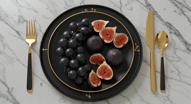 Fresh figs and grapes arranged on a black plate with gold utensils  