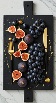 Fresh figs and grapes arranged on a black cutting board with utensils  