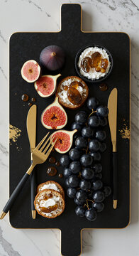 Gourmet fruit platter with figs, grapes, and pastries on a cutting board  