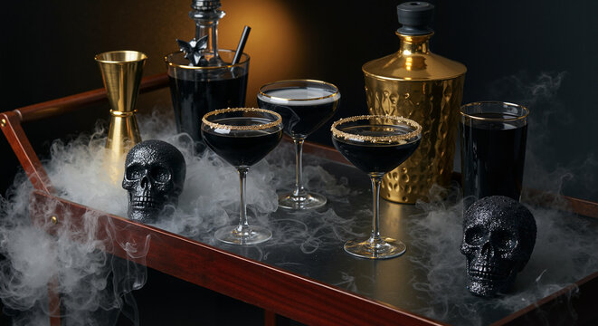 Dark cocktails with skull decor on a bar cart surrounded by smoke  