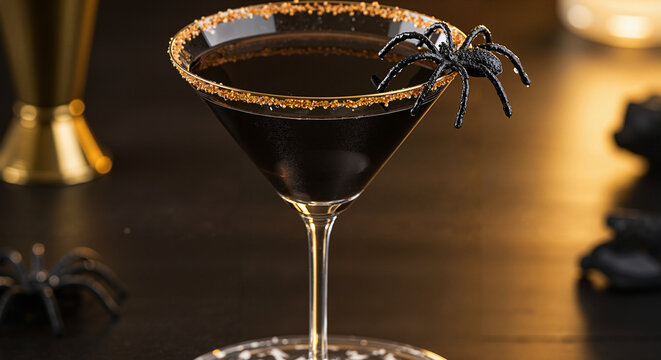 Black cocktail with spider decoration on a wooden table  