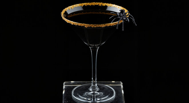 Black cocktail with spider decoration on a dark background  
