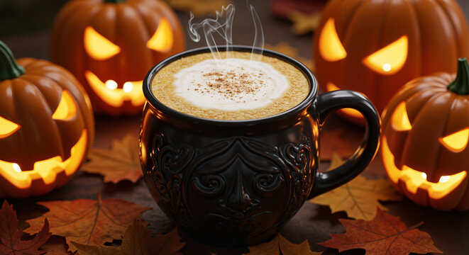 Hot coffee in a decorative mug with Halloween pumpkins and leaves  