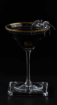 Black cocktail garnished with a spider on a dark background  