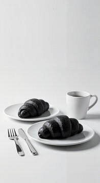 Black croissants and coffee on white plates with cutlery setting  