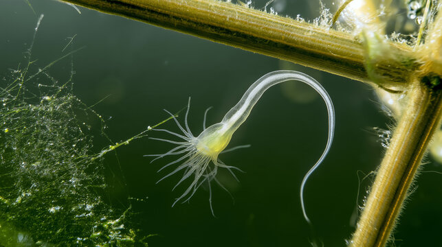 Transparent aquatic organism with tentacles attached to plant stem underwater