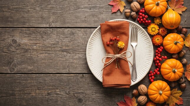 Thanksgiving table setting photo with pumpkins, autumn leaves, and plate on wooden background