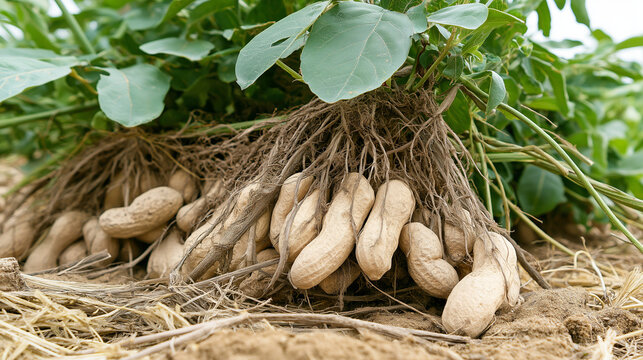 Fresh peanuts harvested from soil with green leaves