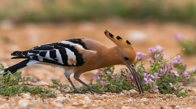 Hoopoe bird probing ground near pink flowers in dry terrain