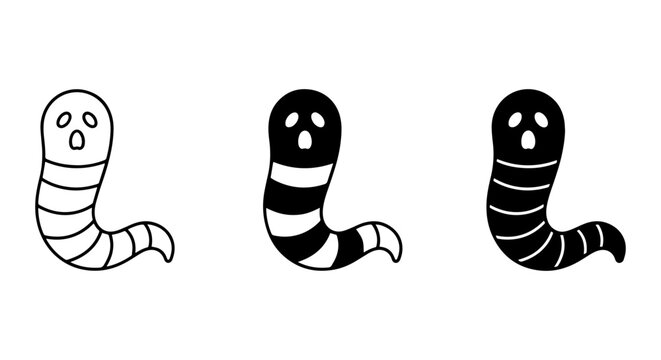 Spooky Worm Icons, Halloween Ghost Characters, Cute Monster Vector Set