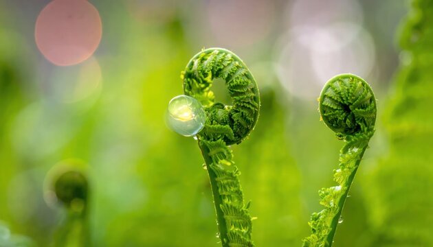 Green fern fiddleheads with dewdrop in macro view.