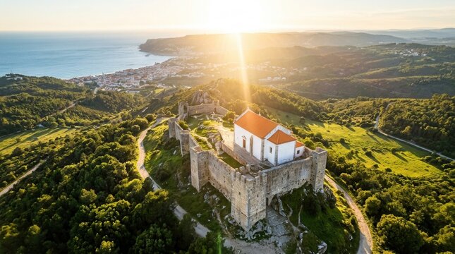 National monument in the Setubal district of Portugal: drone aerial view of the Castle of Sesimbra.