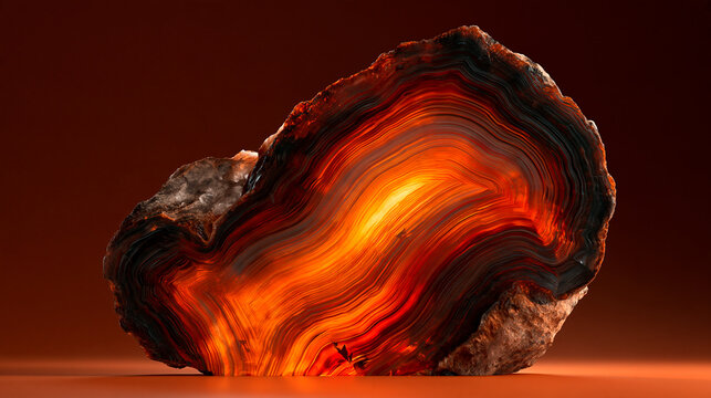 Glowing orange agate geode slice showing translucent layered mineral strata.