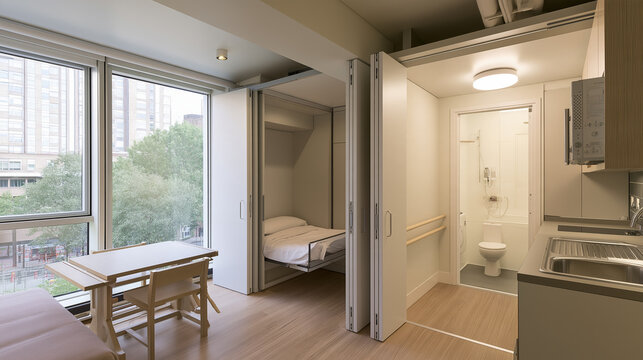 Compact apartment interior with foldable bed and accessible bathroom