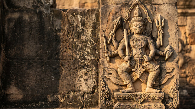 Ancient Thai temple stone relief carving of a multi-armed guardian with weapons