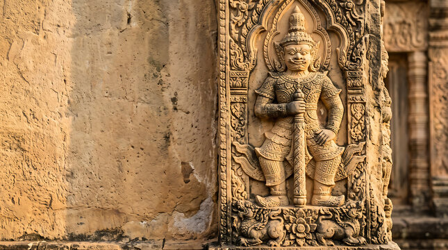 Ancient Thai temple stone relief carving of a guardian holding a heavy mace