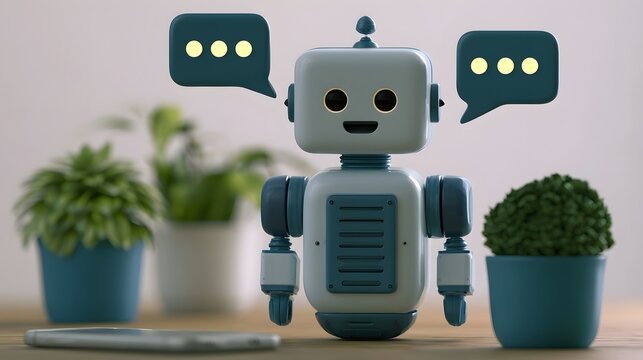 A friendly robot with speech bubbles stands on a wooden surface surrounded by potted plants