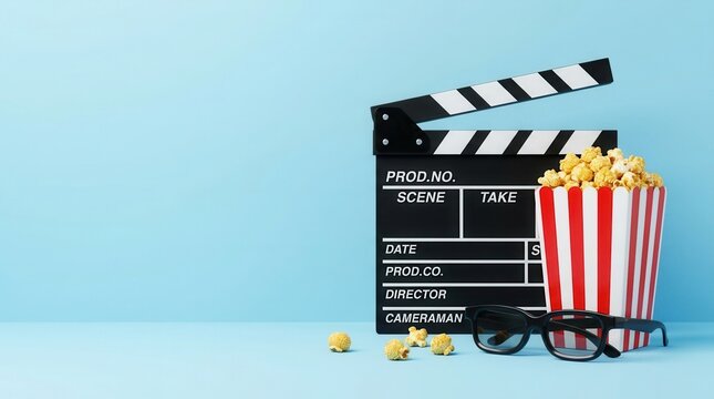 Movie debut excitement featuring a clapperboard, 3D glasses, and a striped popcorn box on a table with light blue wall copy space.