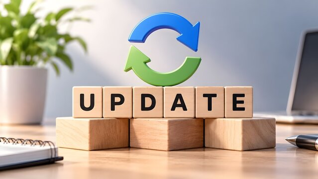 Wooden blocks spelling UPDATE with green and blue circular arrows above them on an office desk