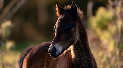 Obraz premium A young brown foal stands in soft sunlight with a blurred natural background its head turned slightly to the side