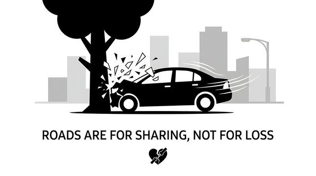 Black and white illustration of a car colliding with a tree in a city setting