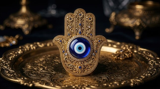 Evil eye amulet set within a golden hamsa hand.