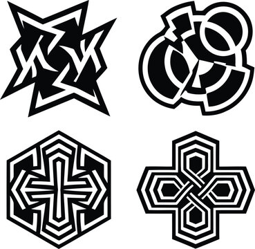 Group of up-to-date geometric tribal emblem vector icons with intricate black non-representational structure layout elements.