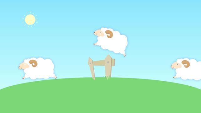 睡眠をイメージした柵を飛び越えるかわいい羊の2Dアニメーション背景