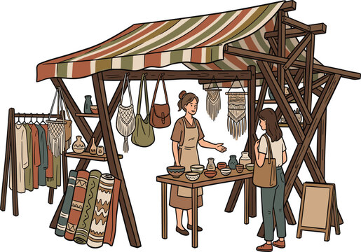 Traditional craft market stall displaying handmade textiles, baskets and wooden goods with shoppers, rustic outdoor commerce illustration scene