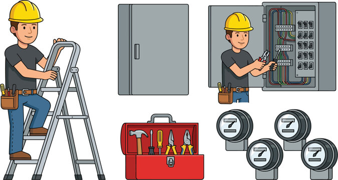 Electrician character vector illustration set with a technician on a ladder toolbox panel board and electric meters