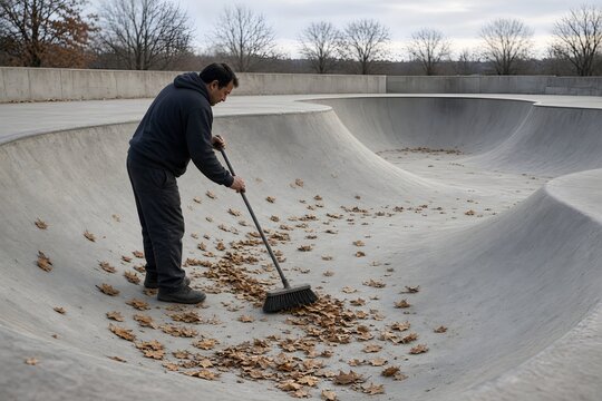 Attendant sweeping leaves from a skatepark bowl