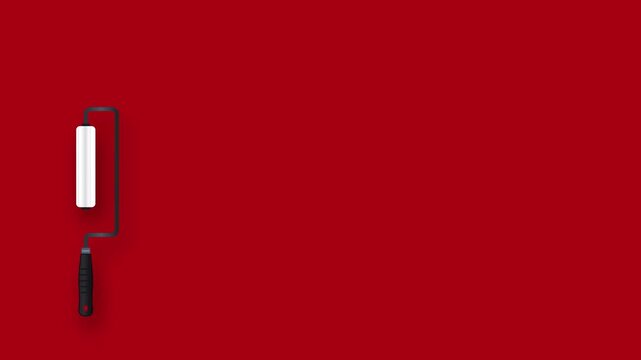Paint rollers applying white strokes on a solid red background