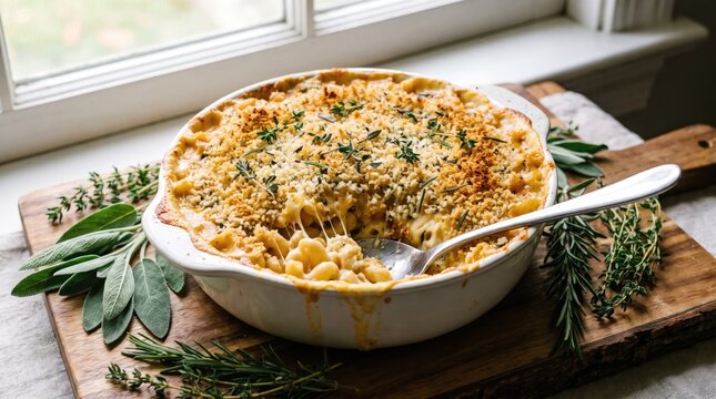 Macaroni and cheese photo of baked homemade casserole with crispy breadcrumbs in ceramic baking dish