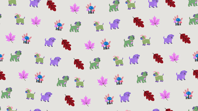Cartoon dogs, leaves, and mushrooms seamless pattern