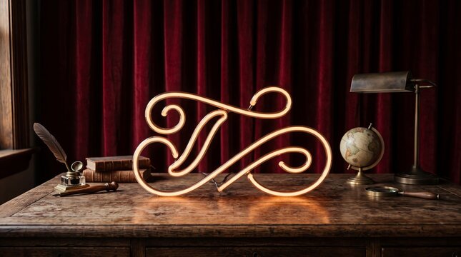 Glowing neon script sign on classic wooden study desk with globe.