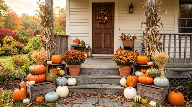 Thanksgiving porch decoration photo featuring pumpkins, autumn mums, cornstalks, and a decorative wreath