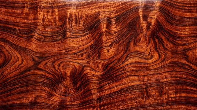 Luxurious Bubinga Wood Grain Texture Background. Rich Reddish-Brown Exotic Wood Surface with Dark Swirling Patterns for Premium Design.