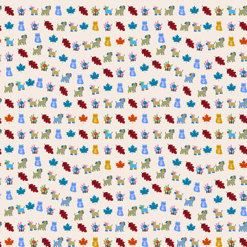 Cartoon Dogs, Cats, Leaves, and Mushrooms Pattern