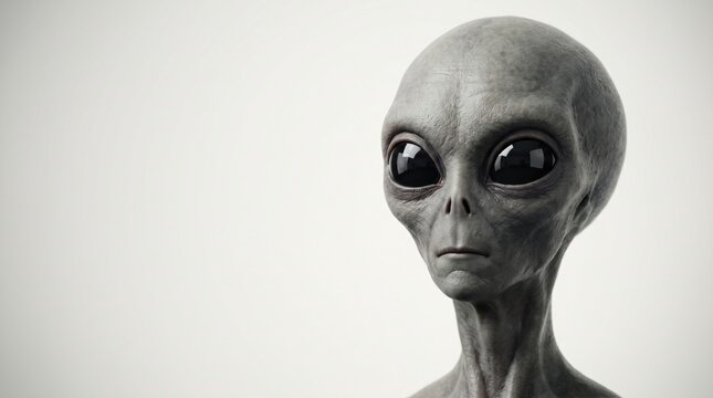 Close up portrait of a grey alien extraterrestrial on white background