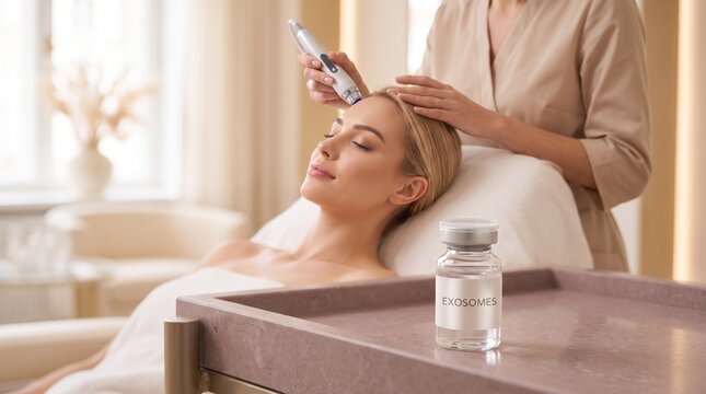  Flacon en verre avec l'&eacute;tiquette "Exosomes" au premier plan net. En arri&egrave;re-plan flou, une femme re&ccedil;oit un traitement de rajeunissement du visage par microneedling dans une clinique esth&eacute;tique. Conce