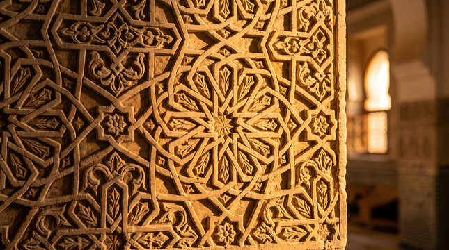 Close-up of exquisite Islamic geometric and floral patterns intricately carved into a sunlit stone wall, showcasing the rich heritage and detailed craftsmanship of ancient Moorish architecture. Ele...