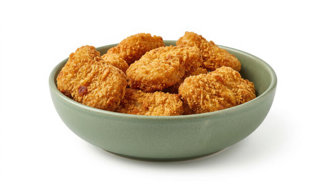 Golden brown crispy fried chicken nuggets served inside a matte green ceramic generated using ai