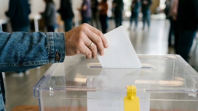 Voter putting white ballot paper into transparent ballot box at voting polling station.