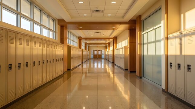 Empty high school hallway lined with beige metal lockers under warm golden hour sunlight.