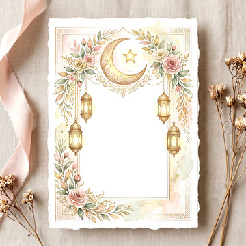 Watercolor ramadan kareem greeting card with lanterns and crescent moon