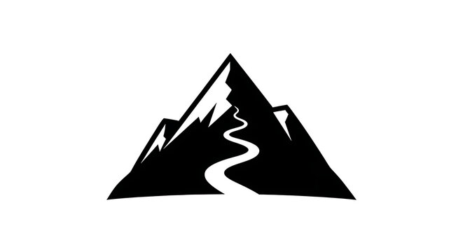 Black and white mountain peak icon with a winding path